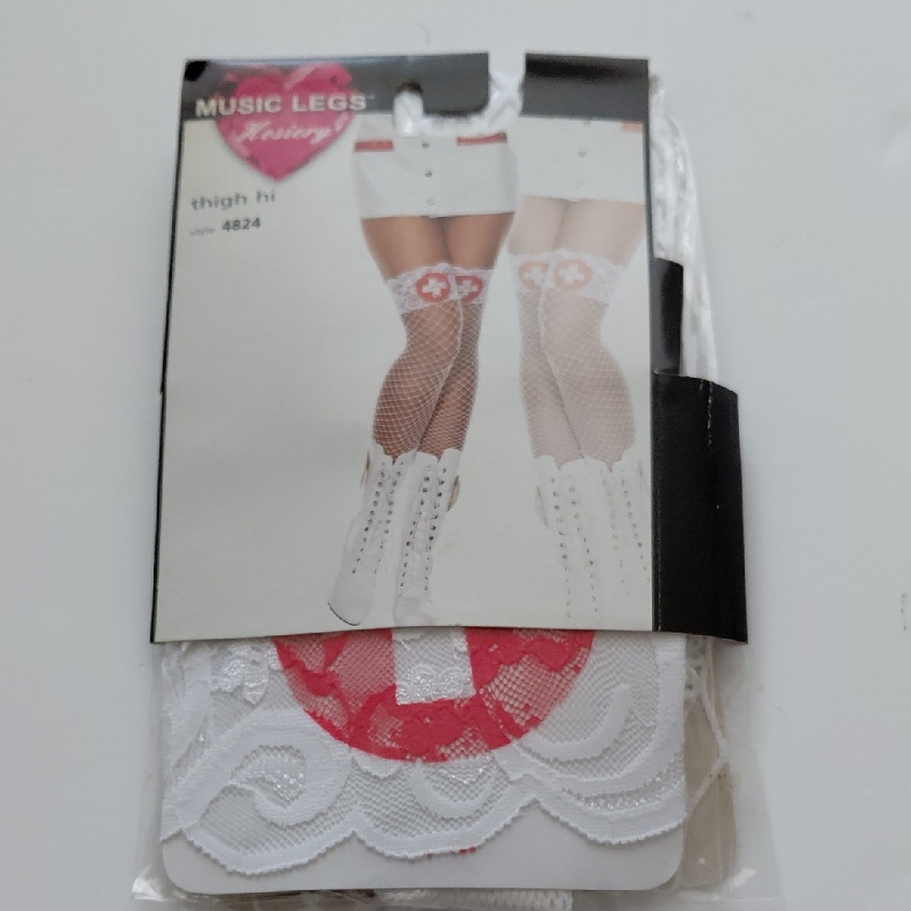 Music Legs Hosiery New Thigh Hi White Fishnets With Cross - Nurse